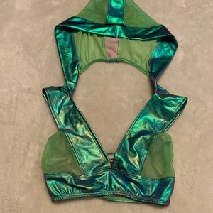 Crop hoodie green w iridescent trim rave festival